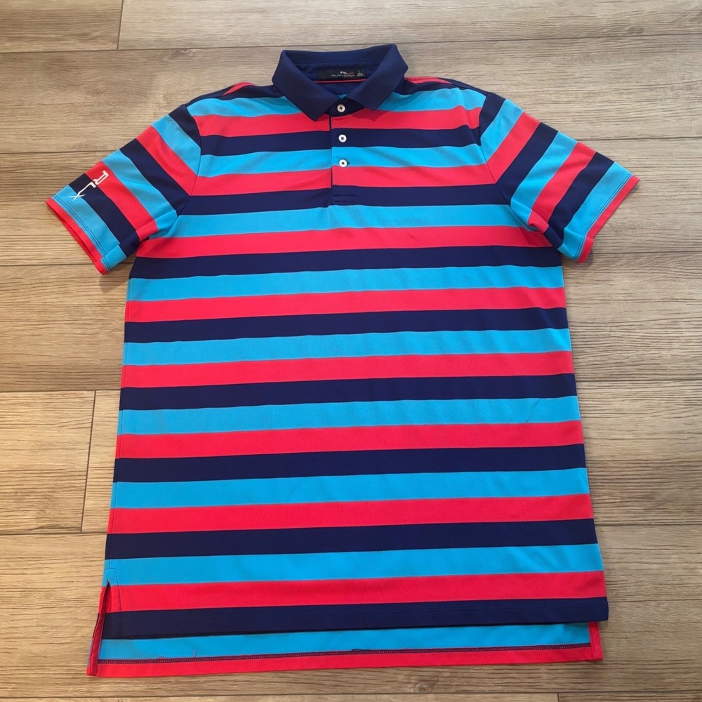 RLX Ralph Lauren Mens Large Striped Golf Polo Shirt Navy Blue Red Short Sleeve
